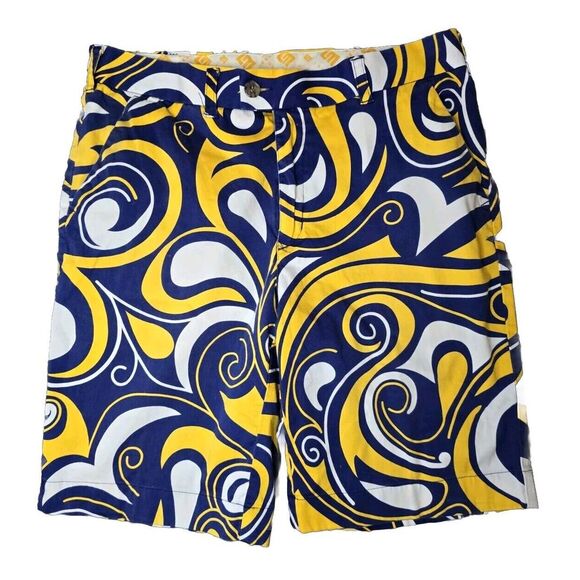 Loudmouth Golf Turtle Doves Shorts 34 Blue Yellow Swirl Print‎ - Picture 1 of 7